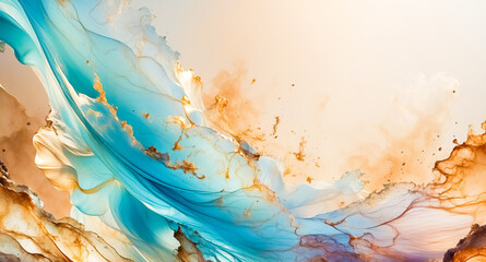 Wall Mural - Abstract Art Background with Blue and Gold Ink Swirls