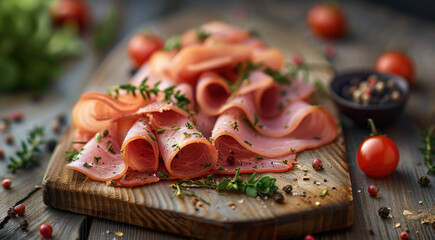 Wall Mural - Two rolled slices of peppered ham, neatly arranged directly on a medium-light wooden board. The ham rolls look fresh and appetizing, with a slight shine to emphasize their quality. Generative AI.