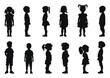 © Pixel Pine - Toddlers silhouette vector black and white illustration. Young children in side view with different poses, kindergarten kids.