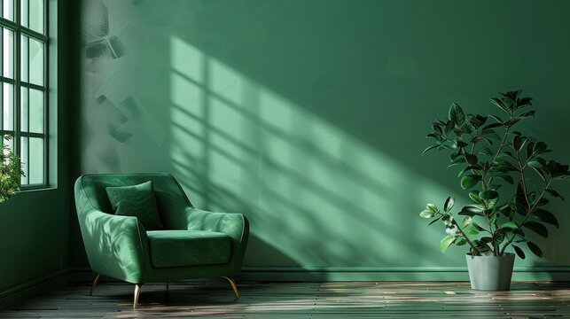 Living room with green armchair on empty dark green wall background. 