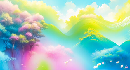 Poster - Dreamy Spring Landscape with Pastel Colors and Blooming Flowers