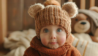 Sticker - A baby wearing a brown hat and a brown sweater