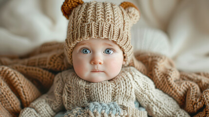 Sticker - A baby wearing a brown hat and a brown sweater