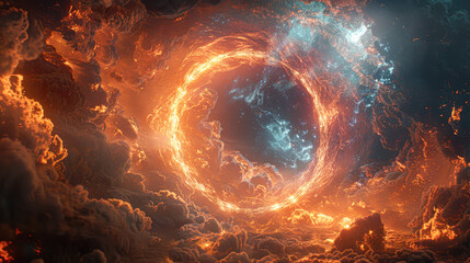 a bright orange and blue space with a large hole in the middle