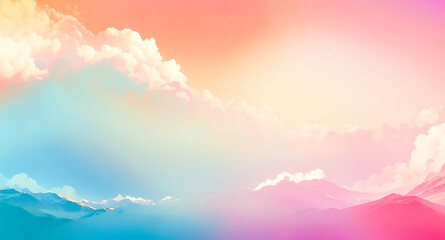 Sticker - Dreamy Pastel Sky with Fluffy Clouds and Mountain Silhouette