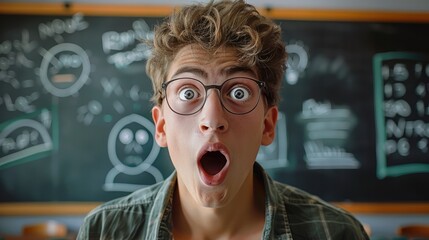 Canvas Print - A young man in glasses looks surprised and shocked, with an open mouth while standing in front of a blackboard against the background of a school classroom. Generative AI.