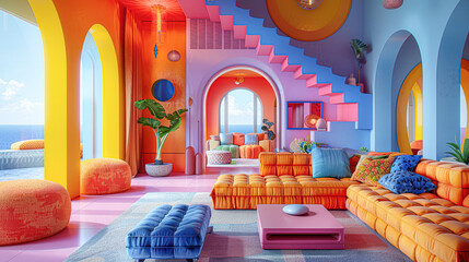 Sticker - A colorful living room with a blue couch and orange couch