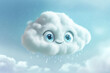 © SANA - A 3D cute cartoon rain cloud weather character with big, expressive eyes and a friendly smile, floating against a soft blue sky background
