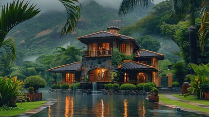 Poster - Beautiful Villa with Green Mountains and Waters after Rain. Generative AI.