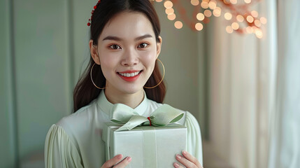 Thai young woman, expression happy smile, open gift box, background luxury white apartment, minimal space. Generative AI.