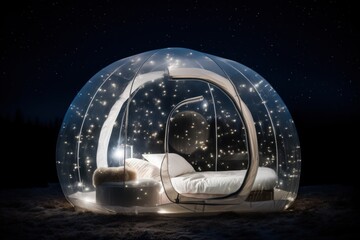 A transparent bubble tent offering a unique and immersive camping experience under a starry night sky.