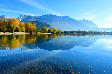 Wall Mural - Beautiful lake in the alps with mountains and trees in background, clear sky, calm water, autumn season, nature photography, landscape photo