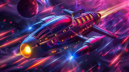 Wall Mural - 3d Cartoon neon spaceship flying through space on isolate