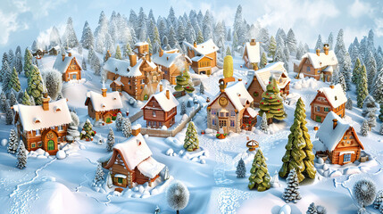 Wall Mural - 3d Cartoon Christmas Village covered in snow on isolate