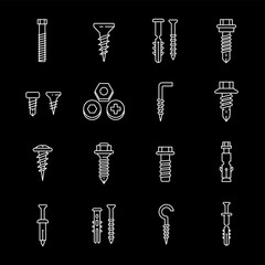 Wall Mural - fasteners, white line icons. bolts, nuts, screws, and other fastening hardware. essential for constr