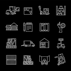 Wall Mural - Warehouses, white line icons. Storage facilities with boxes and inventory. Ideal for logistics and supply chain themes. Symbols on black background. Editable stroke.