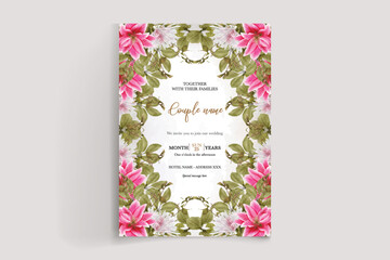 Canvas Print - WEDDING INVITATION FRAME WITH FLOWER DECORATIONS AND FRESH LEAVES 