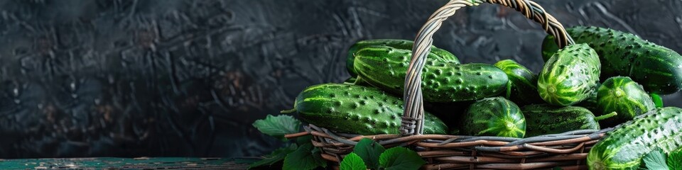 Wall Mural - The cucumber in the wicker basket on the background of nature. Selective focus