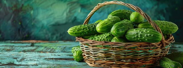 Wall Mural - The cucumber in the wicker basket on the background of nature. Selective focus