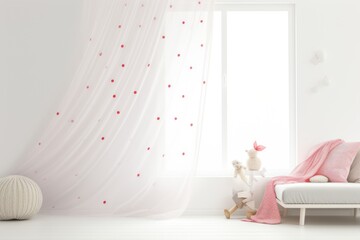 Playful white sheer curtains adorned with playful polka dots, adding a touch of whimsy to a child's bedroom. Isolated on white background.