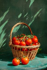 Wall Mural - Tomatoes in the wicker basket on the background of nature. Selective focus