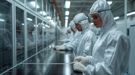 Poster - Workers in a laboratory testing new prototypes of solar panels. Generative AI.