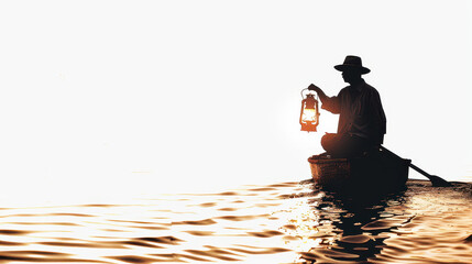 Silhouette of a fisherman with a lantern, night scene, calm waters, warm glow, vintage style, isolated on white background.