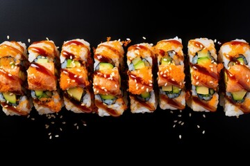 Wall Mural - Sushi rolls topped with soy sauce on a white background Showing delicious colors.