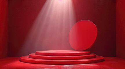 Poster - Red background, beautiful solid background, single 1 podium, light coming from above. Generative AI.