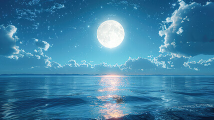 Wall Mural - A large moon is reflected in the calm water of a lake