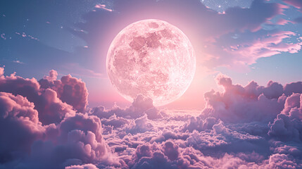 Wall Mural - A pink moon is in the sky above a cloudy sky