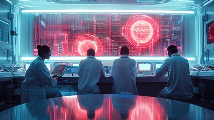 Poster - Futuristic laboratory with researchers sitting by the table, lab workers in fashionable white lab coats in iridescent futuristic luxury laboratory environment in iridescent white. Generative AI.
