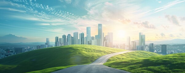 3D visualization of the city skyline with modern buildings and skyscrapers on the horizon. The road leading to the future green hills and the blue sky.