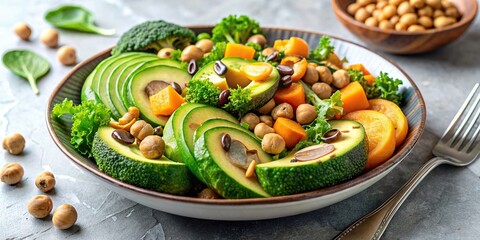 Wall Mural - Healthy vegan salad with avocado, mushrooms, broccoli, spinach, chickpeas, and pumpkin on a light background, Vegan