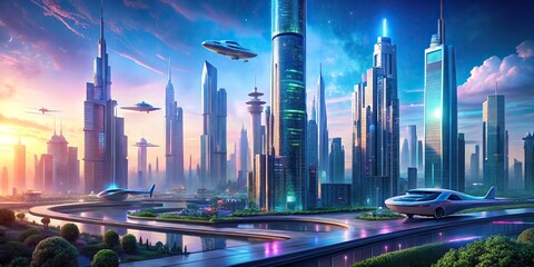 Wall Mural - Futuristic cityscape with holographic buildings and flying cars, futuristic, cityscape, holographic, buildings