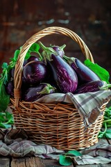 Sticker - Eggplants in the wicker basket on the background of nature. Selective focus