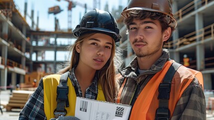 Poster - A young man and a young woman at a construction site, both wearing black safety helmets and construction vests. stand in front of a partially constructed building made of steel beams and concrete.
