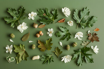 Wall Mural - Green leaves, acorns and white petals are arranged in an