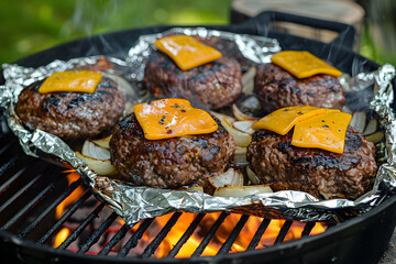 Wall Mural - Grilling meatball-shaped burgers on tins foil, with cheese melting over them and an iron cast dish of saut?(C)ed onion inside the grill. The focus is centered around three burger shaped beef trousers 