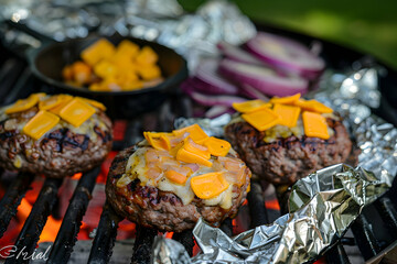 Wall Mural - Grilling meatball-shaped burgers on tins foil, with cheese melting over them and an iron cast dish of saut?(C)ed onion inside the grill. The focus is centered around three burger shaped beef trousers 