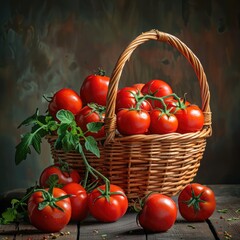 Wall Mural - Tomatoes in the wicker basket on the background of nature. Selective focus