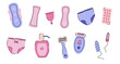 © Diana - Vector illustration of feminine hygiene and care products. Sanitary pads, menstrual cups, underwear, razors, epilators, tampons, and skincare products set. Ideal for educational materials, healthcare