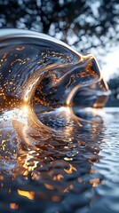 Poster - abstract photograph of a wave frozen in motion with sparkling light reflections, creating a mesmeriz