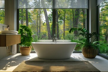 Wall Mural - A bathroom with a large bathtub and a window overlooking a forest