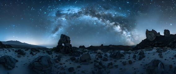 Wall Mural - panoramic photo of the milky way galaxy from Tenerife, black rock desert with some rocks in the foreground