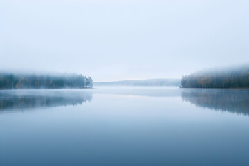 Wall Mural - panoramic view of misty lake in finland at dawn with forest on the horizon