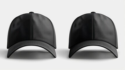 Set of black front and side view hat baseball cap on transparent background cutout, PNG file. Mockup template for artwork graphic design 