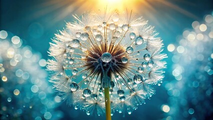 Wall Mural - Close-up of a dandelion flower with glistening water droplets in the sunlight , nature, macro, plant, beauty, vibrant, freshness