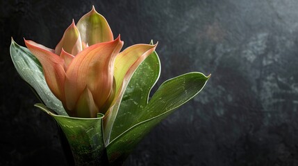 Wall Mural - Close-up of a Bromeliad Flower with Green Leaves Against a Dark Background