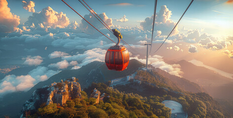 A cable car on mountain. Cable car cable booths. Generative AI.